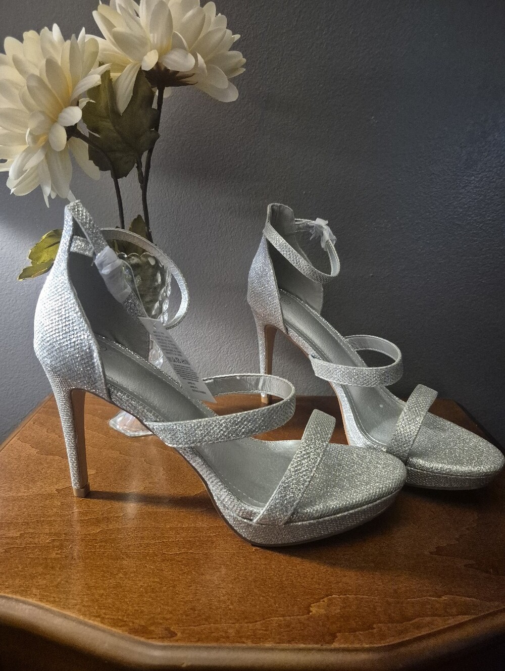 Silver Glitter Ankle-Strap Stiletto Heels